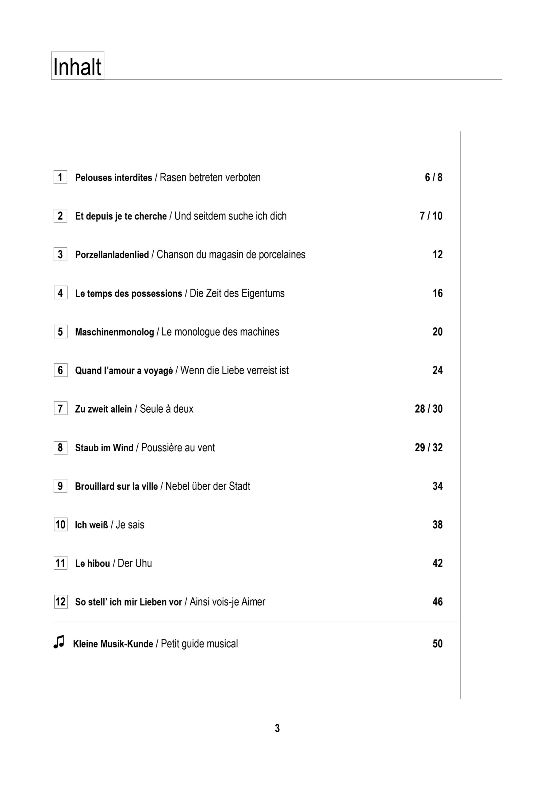 Inhaltsverzeichnis des Liederheftes Rasen betreten verboten / Pelouses interdites