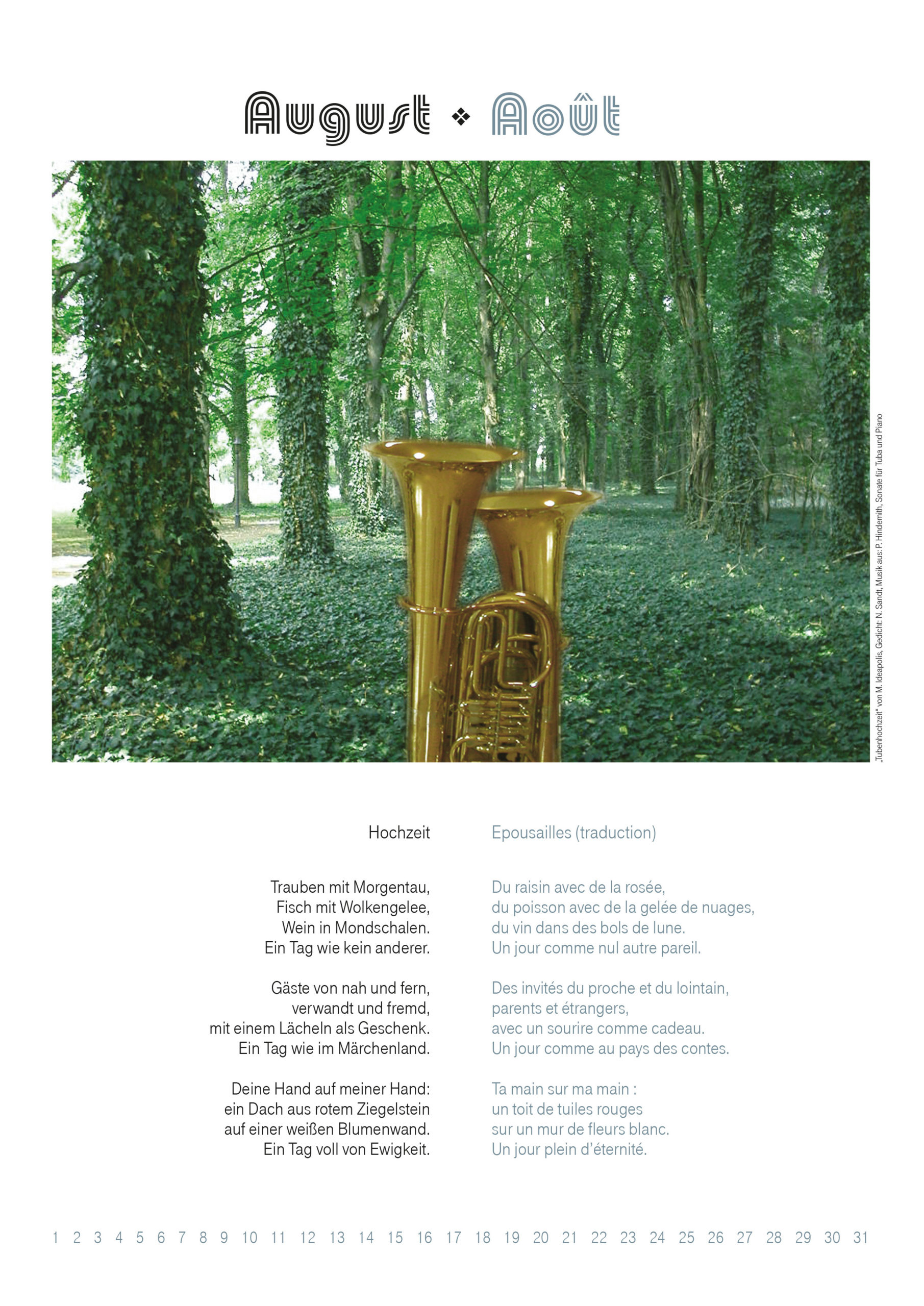 Zwei goldene Tuben in einem Wald, Kalenderblatt August des Multimediakalenders Musikwelten