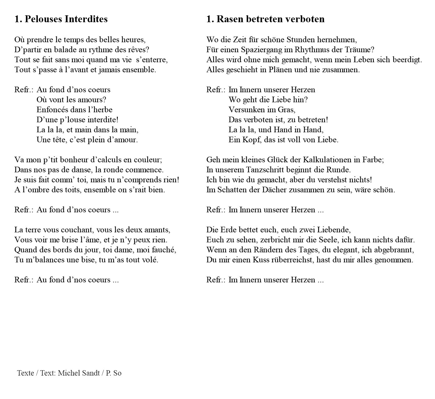 Text des Chansons Pelouses interdites auf Deutsch und Französisch