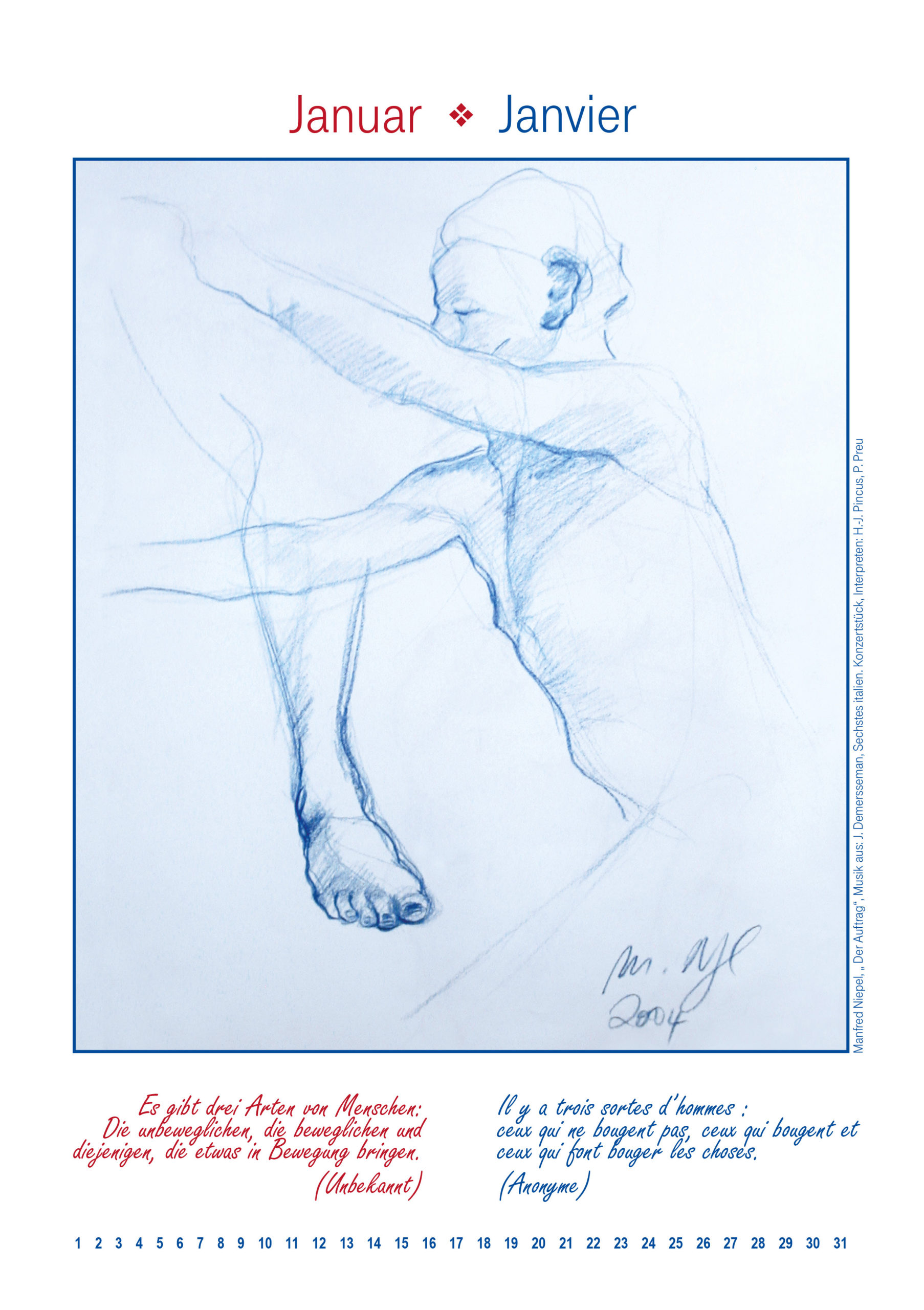 Zeichnung des Malers Manfred Niepel, Hauptmotiv ist ein Mensch, der sich nach vorn bewegt