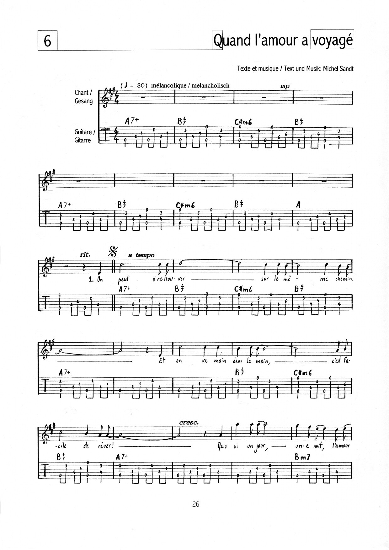 Extrait de partition von Quand l'amour a voyagé pur chant et guitare