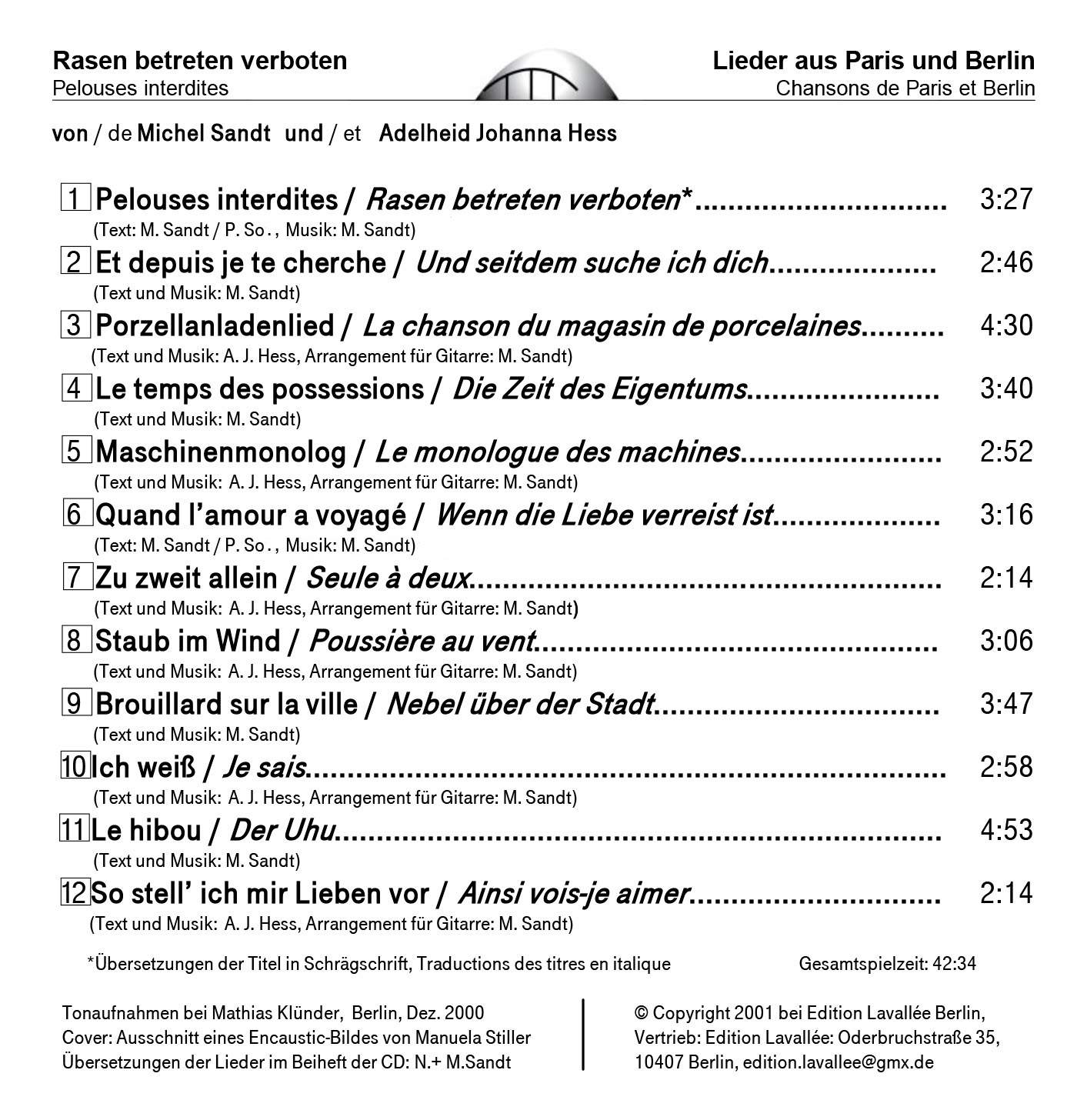 CD Backcover Rasen betreten verboten, Titel der 12 Chansons mit Zeitangabe