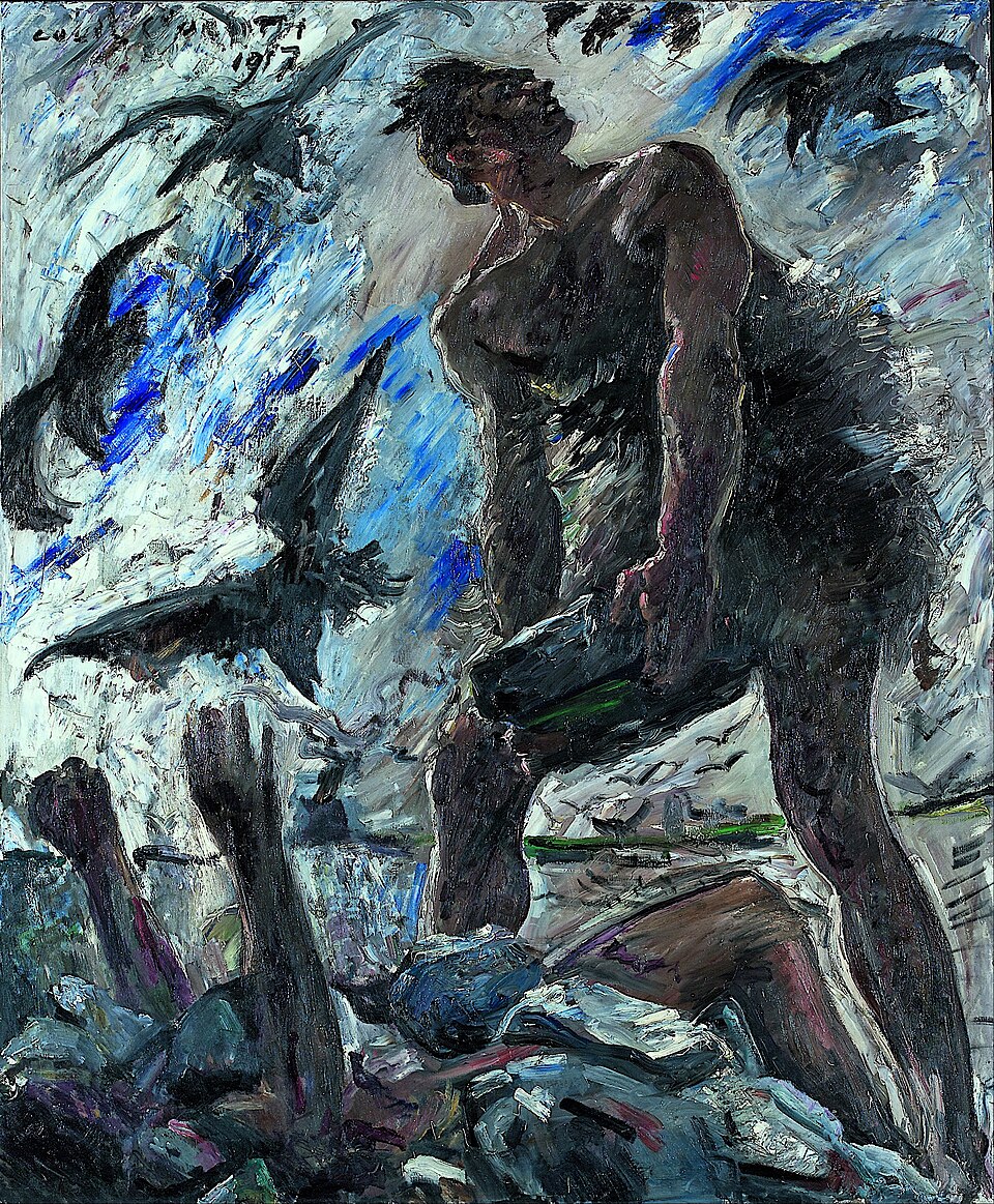 Bild von Lovis Corinth: Kain erschlägt seinen Bruder Abel mit einem Stein. Begleitet wird die Szene von schwarzen Vögeln.